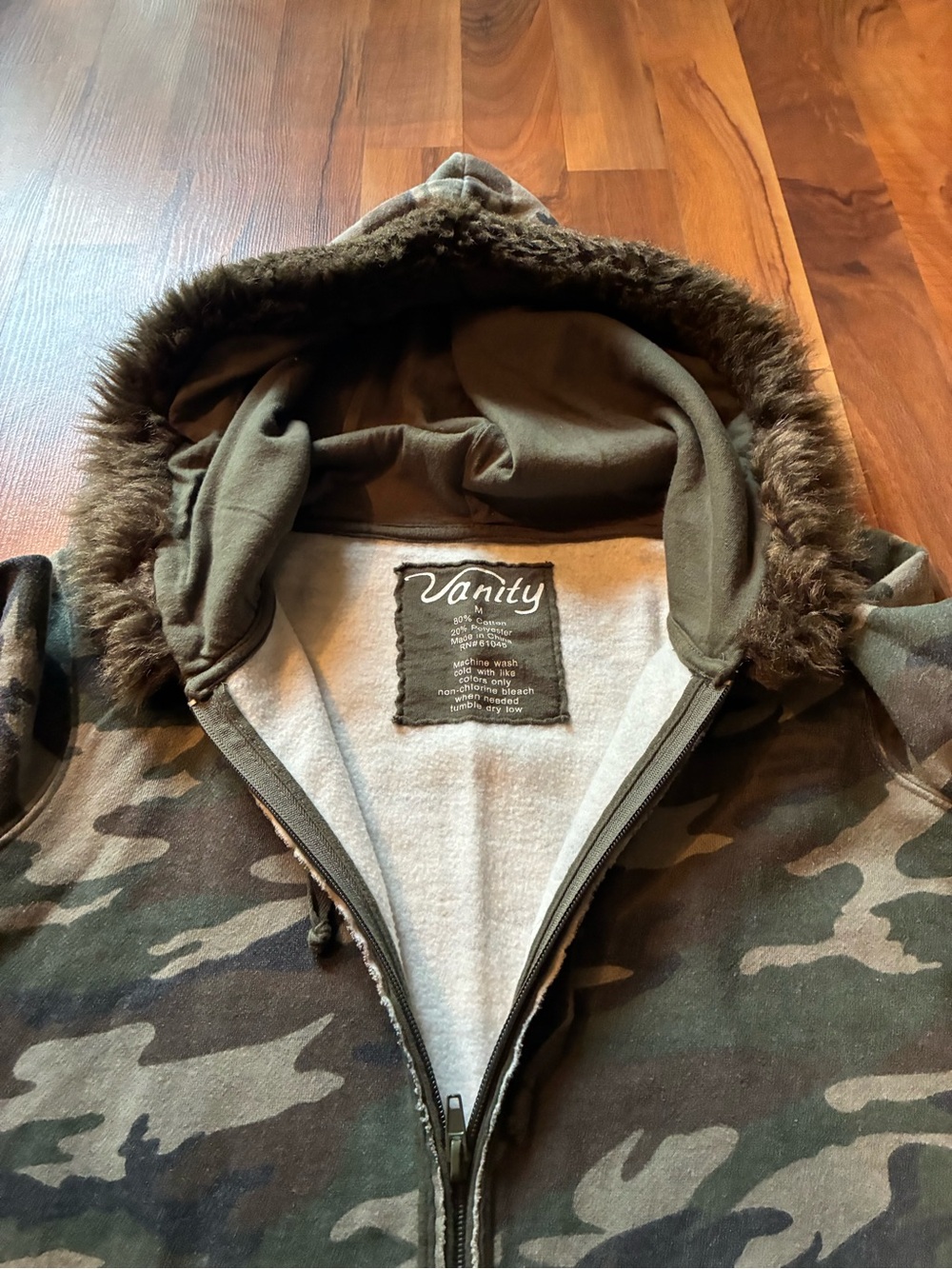 Vanity Kids Camo Hooded Puffer Jacket with Faux Fur Trim - Olive Green